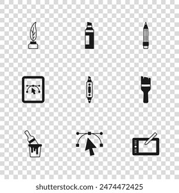 Set Bezier curve, Paint brush, Graphic tablet, Marker pen, Pencil with eraser, Feather and inkwell,  and Computer design program icon. Vector