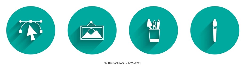 Set Bezier curve, Picture landscape, Pencil case stationery and Paint brush icon with long shadow. Vector