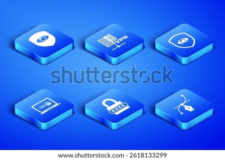 Set Bezier curve, Shield and eye, Password protection, Laptop with password, Server VPN and  icon. Vector