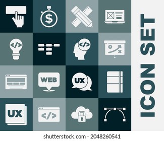 Set Bezier curve, Sketchbook or album, Planning strategy concept, Crossed ruler and pencil, Site map, Front end development, Keyboard and  icon. Vector