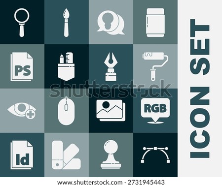 Set Bezier curve, Speech bubble with RGB and CMYK, Paint roller brush, Light bulb concept of idea, Crossed ruler pencil, PS File document, Magnifying glass and Fountain nib icon. Vector