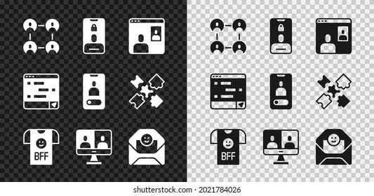 Set BFF Or Best Friends Forever, Incoming Call On Mobile, Video Chat Conference, Envelope With Valentine Heart, Chat Messages Laptop And  Icon. Vector