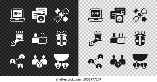 Set BFF or best friends forever, Chat messages on laptop, Puzzle pieces toy, Complicated relationship, Necklace with heart shaped, Give gift and  icon. Vector