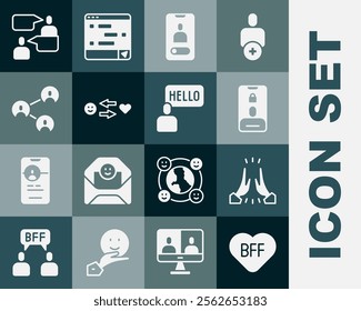 Set BFF or best friends forever, Informal greeting, Incoming call on mobile, Romantic relationship, Two sitting men talking and Acquaintance icon. Vector