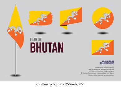 Set of Bhutan flag in 5 designs: flag on pole, brush stroke, skew, round and standard. vector, flat, isolated on grey background
