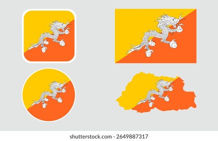 A set of Bhutan flag icons. A set of flags in square, rectangular, round and map shapes. Flag icons.