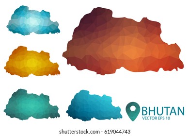 Set of Bhutan maps. Bright gradient map of country in low poly style. Multicolored country map in geometric style for your infographics. Vector illustration eps 10.