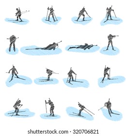 Set of biathlon scribble silhouettes. Vector illustration.