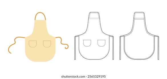 Set of Bib Aprons Scalloped technical fashion illustration. Chef uniform for cooking beige cartoon Flat sketch outline apparel template front, back view. Women, men unisex CAD mockup isolated on white