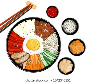 set of Bibimbap or bi bim bop Korean food, rice mixing with various ingredients in black bowl and side dishes vector illustration.