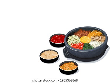 Set de Bibimbap o bi bim bop comida coreana en tazón de piedra , arroz mezclado con varios ingredientes en la ilustración vectorial de tazón de piedra. Bimbap aislado con platos laterales de fondo blanco. 