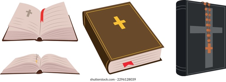 Set of Bible books in cartoon style. Vector illustration of Holy Scripture open and closed book with red bookmark and cross, rosaries isolated on white background. Christian book. Religion.