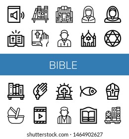 Set of bible icons such as Audio book, Bible, Bookshelf, Bookstore, Priest, Nun, Synagogue, Torah, Moses basket, Prayer, Digital book, Pastor, Christianity, Pope , bible