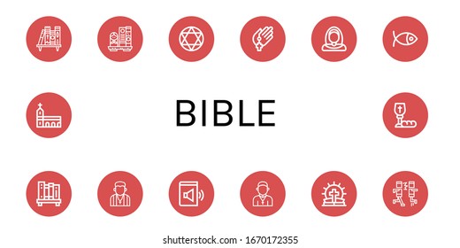 Set of bible icons. Such as Bookshelf, Torah, Prayer, Nun, Christianity, Pastor, Audio book, Priest, Bible, Mosh, Monastery, Communion , bible icons