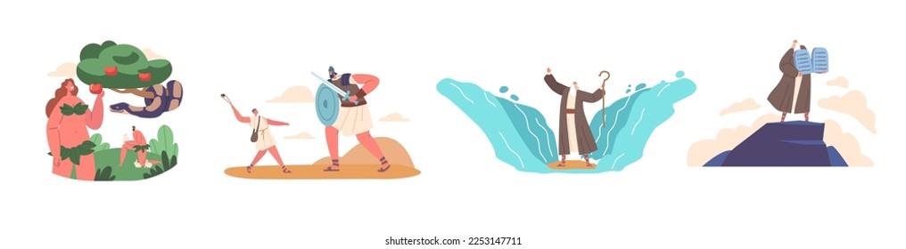 Set Bible Narratives and Stories, Isolated Compositions With Legendary Characters Isolated Scenes On White Background. Eva and Snake, David And Goliath, Moses and Sea. Cartoon Vector Illustration