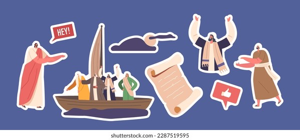 Set of Biblical Stickers Jesus Walking On Water, Apostles or Disciples Sitting In Boat. Religious Or Spiritual Concept