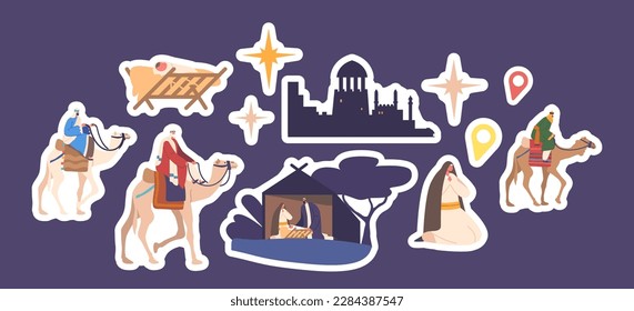 Un Conjunto De Personajes De La Biblia Magi En Los Camellos Viajan Por La Noche Para Visitar Al Niño Jesús. Patchas religiosas de Navidad