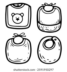 Set of bibs for baby. Hand drawn doodle. Breastplate. Feeding a small child. Textile item bib. Childhood. Vector line art illustration.