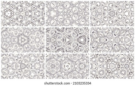A set of bicolor through seamless patterns located on a white background.