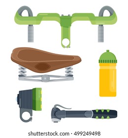 Set of bicycle accessories. Flat cartoon illustration. Objects isolated on a white background.