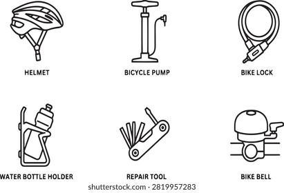 Set of bicycle accessory outline icons with accessory transportation exercise collection minimalist illustration pictogram isolated maintenance protection equipment activity lifestyle