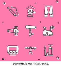Set Bicycle air pump, bell, Cycling shorts, chain with gear, seat, Stationary bicycle, speedometer and handlebar icon. Vector