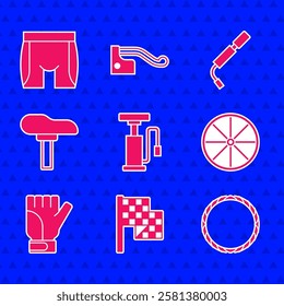 Set Bicycle air pump, Checkered flag, wheel, Gloves, seat,  and Cycling shorts icon. Vector