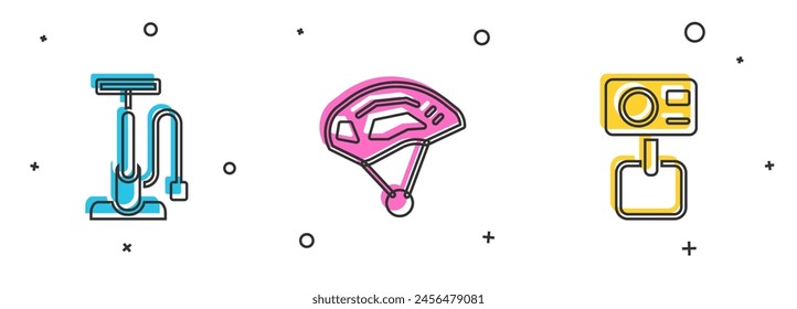 Set Bicycle air pump, helmet and Action extreme camera icon. Vector