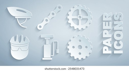 Definir bomba de ar de bicicleta, roda dentada, capacete, corrente e ícone. Vetor