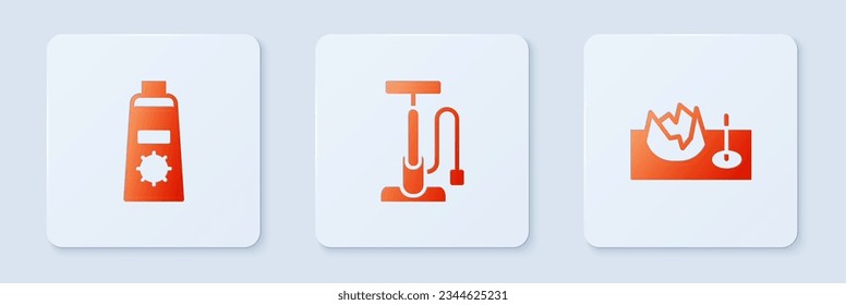 Set Bicycle air pump, Sunscreen cream in tube and on street ramp. White square button. Vector