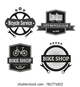 Set of bicycle badges. Decorative elements for bike shop, bicycle service, city bicycle club