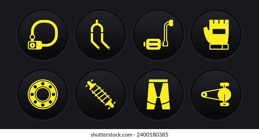 Set Bicycle ball bearing, Gloves, suspension, Cycling shorts, pedal, fork, chain with gear and lock icon. Vector