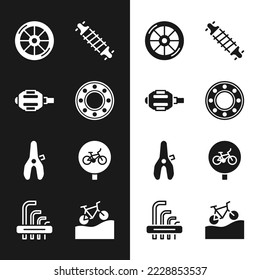 Set Bicycle ball bearing, pedal, wheel, suspension, seat, Mountain bicycle and Tool allen keys icon. Vector