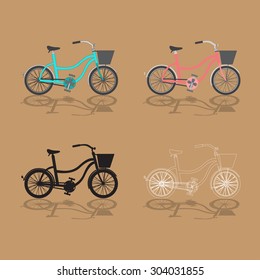 Set of Bicycle with Basket on Brown Background. Vector Illustration. Bicycle Icons. Isolated Cartoon Bike.