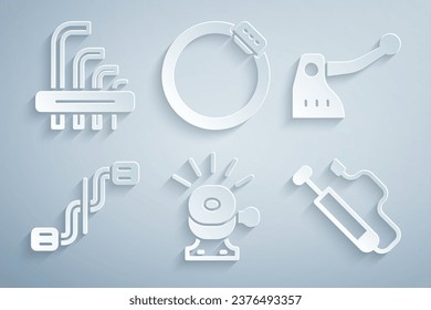 Set Bicycle bell, brake, pedals, air pump, disc and Tool allen keys icon. Vector