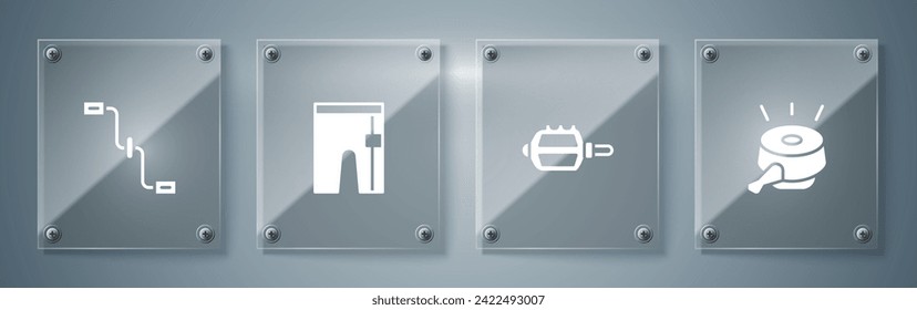 Set Bicycle bell, pedal, Cycling shorts and pedals. Square glass panels. Vector