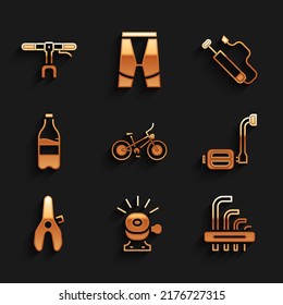 Set Bicycle, bell, Tool allen keys, pedal, seat, Sport bottle with water, air pump and handlebar icon. Vector