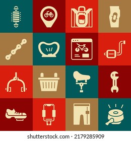 Set Bicycle bell, Wrench spanner, pedal, Hiking backpack, punctured tire, chain, suspension and rental mobile app icon. Vector