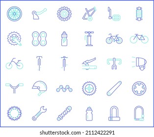 Set of bicycle and bike icons line style. It contains such Icons as sport, bike part, biking, exercise, vehicles, components, Helmet and other elements.
