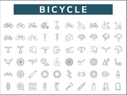 Set Of Bicycle And Bike Line Style. It Contains Such As Sport, Bike Part, Biking, Exercise, Vehicles, Components, Helmet And Other Elements.