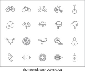 Set of bicycle and bike line style. It contains such as sport, bike part, biking, exercise, vehicles, components, Helmet and other elements.