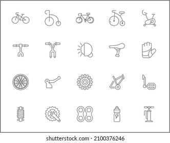 Set of bicycle and bike line style. It contains such as sport, bike part, biking, exercise, vehicles, components, Helmet and other elements.