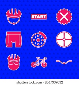 Set Bicycle brake disc, handlebar, wheel, helmet, Cycling shorts, sprocket crank and  icon. Vector
