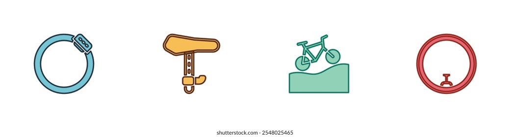 Set Bicycle brake disc, seat, Mountain bicycle and wheel icon. Vector