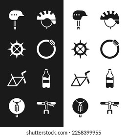 Set Bicycle brake disc, sprocket crank, helmet, frame, Sport bottle with water, handlebar and  icon. Vector