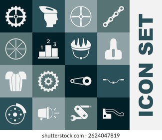 Set Bicycle brake, handlebar, seat, wheel, Award over sports winner podium, sprocket crank and helmet icon. Vector