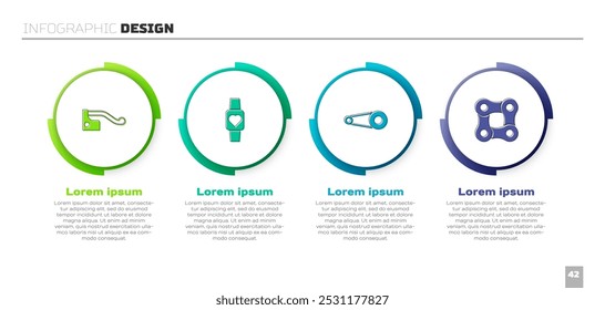 Definir freio de bicicleta, relógio inteligente, corrente com engrenagem e . Modelo de infográfico comercial. Vetor