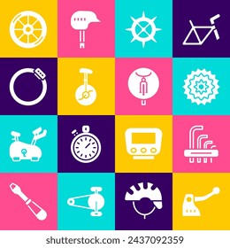 Set Bicycle brake, Tool allen keys, cassette, sprocket crank, Unicycle or one wheel bicycle, disc,  and  icon. Vector