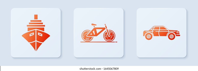 Set Bicycle, Cargo ship and Sedan car. White square button. Vector