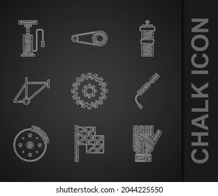 Set Bicycle cassette, Checkered flag, Gloves, air pump, brake disc, frame, Sport bottle with water and  icon. Vector